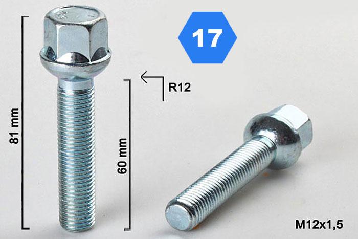 M12x1,5, Radius 12, Wielbout radius, Draadlengte 60mm, SW 17
